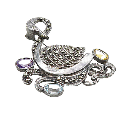 925 Sterling Silver  Vintage Amethyst Topaz & Citrine Swan Brooch Pin  BP3439