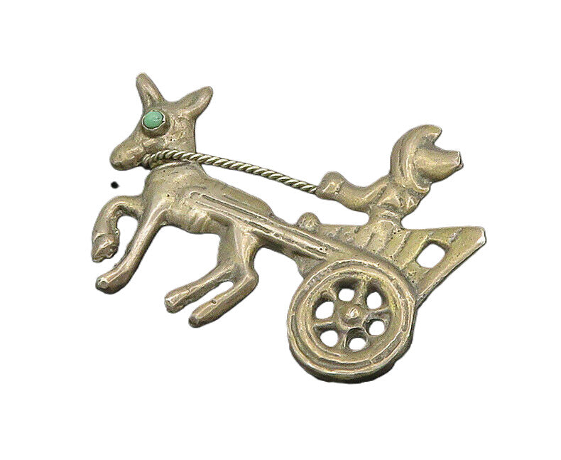 MEXICO 925 Silver  Vintage Antique Turquoise Donkey Carriage Brooch Pin BP7792