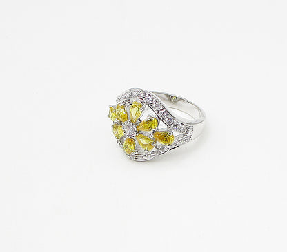 925 Silver  Yellow Topaz & White Cubic Zirconia Floral  Band Ring Sz 7  RG3420