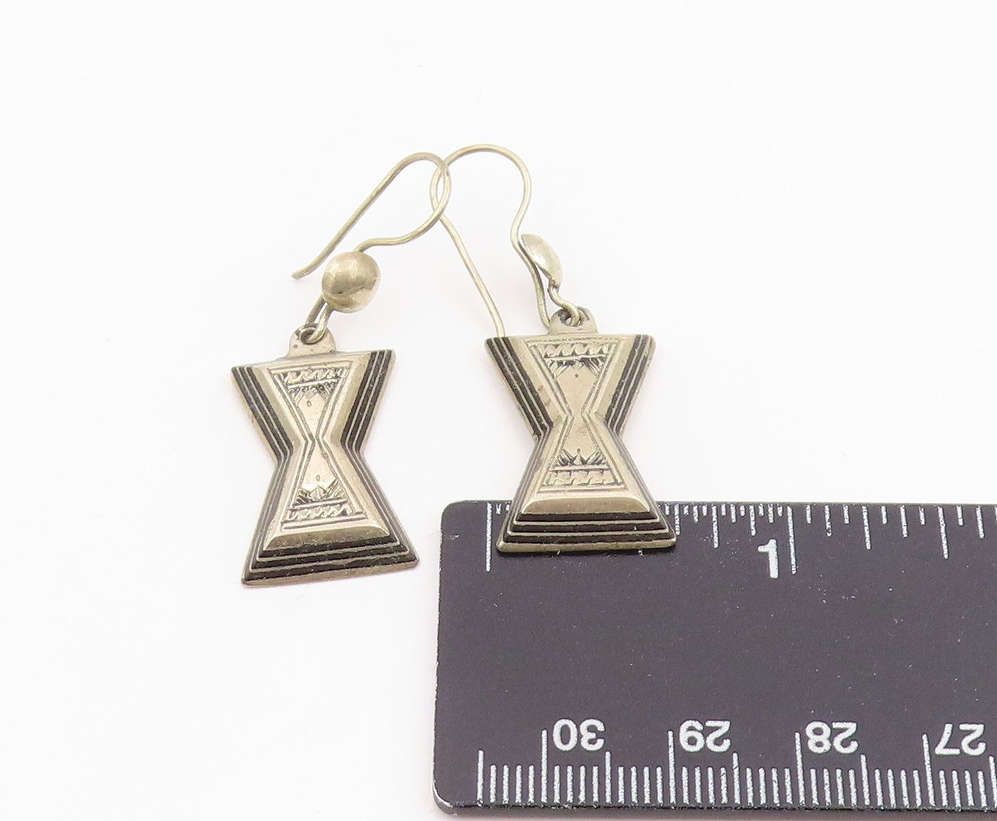 925 Sterling Silver Vintage Earrings Etched Geometric Hourglass Drop  EG14082