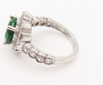 925 Silver  Vintage Emerald & Cubic Zirconia Flower Ring Sz 5.25  RG26129