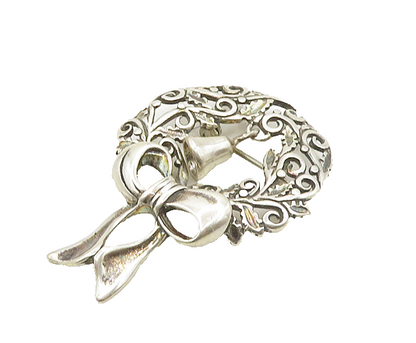 925 Sterling Silver  Vintage Shiny Floral Wreath Ribbon Bow Brooch Pin  BP7478