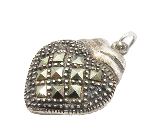 925 Sterling Silver  Vintage Shiny Marcasite Love Heart Dome Pendant  PT13527