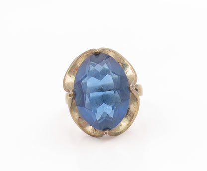 925 Sterling Silver Vintage Ring Modernist Faceted Sapphire Band  Sz 8  RG35976
