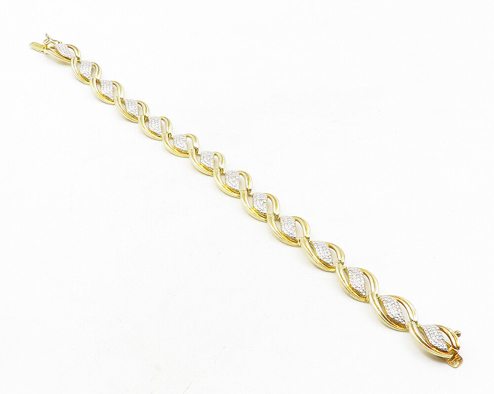 925 Sterling Silver  Genuine Diamonds Shiny Two Tone Chain Bracelet  BT4404