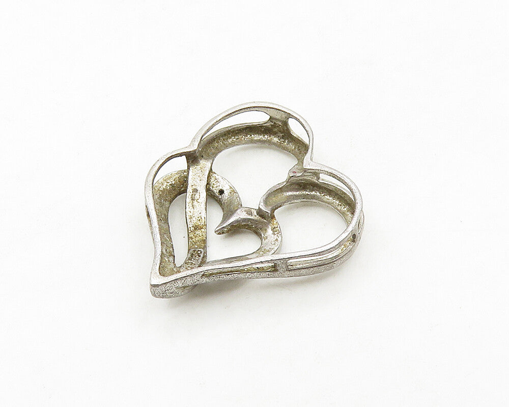 925 Sterling Silver  Vintage Genuine Diamond Open Love Hearts Pendant  PT14293