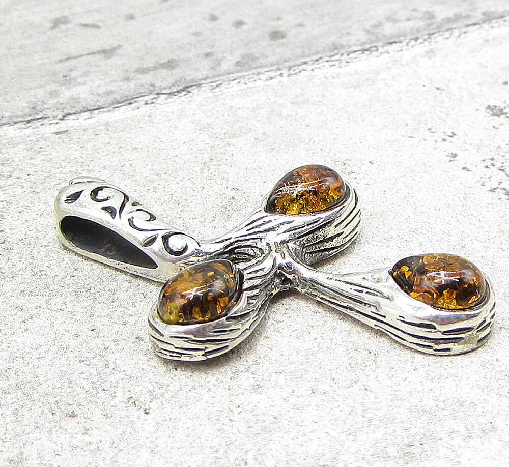 925 Sterling Silver  Cabochon Cut Amber Branch Style Cross Drop Pendant  PT1425