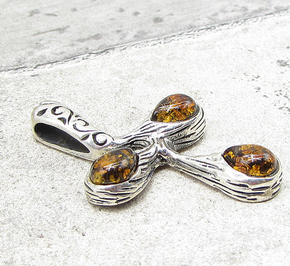 925 Sterling Silver  Cabochon Cut Amber Branch Style Cross Drop Pendant  PT1425