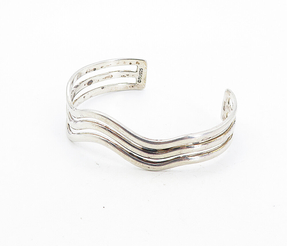 MEXICO 925 Sterling Silver  Vintage Shiny Wavy Split Cuff Bracelet  BT3551
