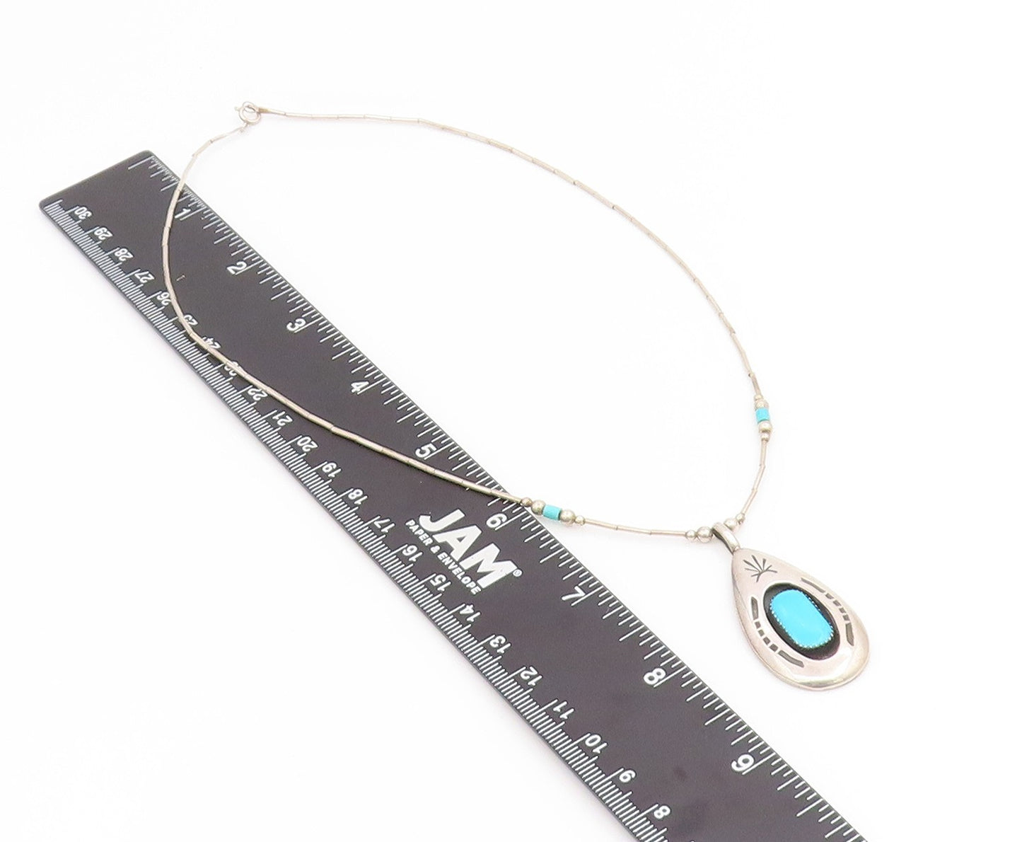 925 Sterling Silver Vintage Necklace NAVAJO ZUNI Turquoise Teardrop  NE4812