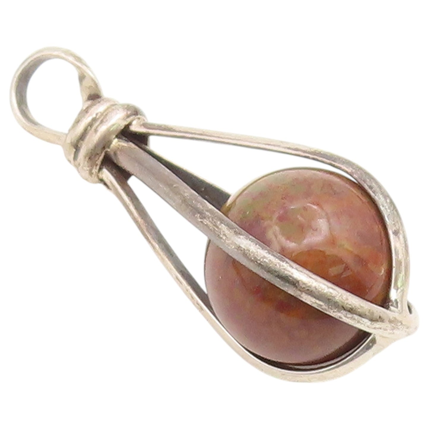 925 Sterling Silver Vintage Pendant Modernist Jasper Orb Teardrop Cage  PT26631