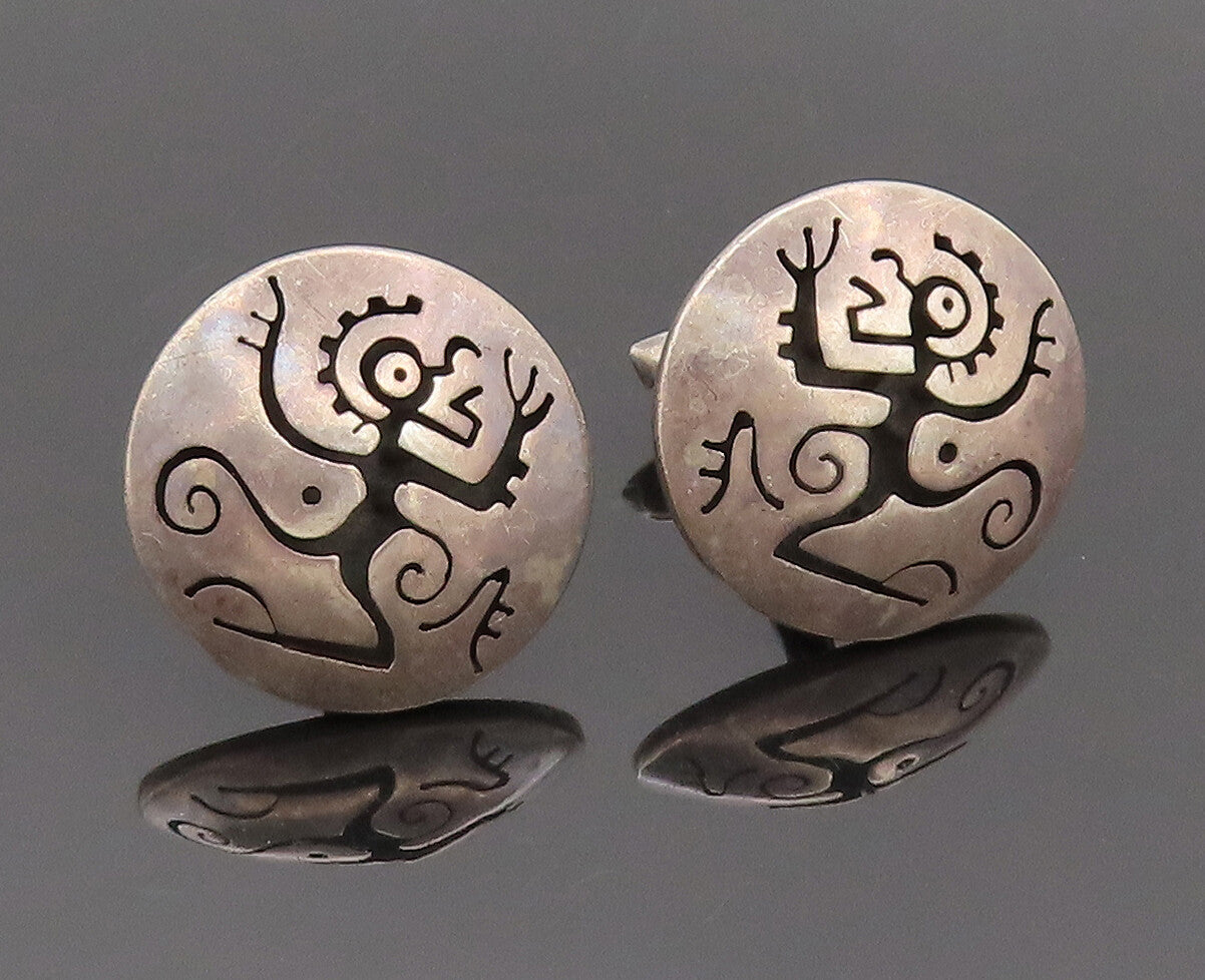 TAXCO MEXICO 925 Silver  Vintage Carved Figures Button Like Cuff Links  TR3523