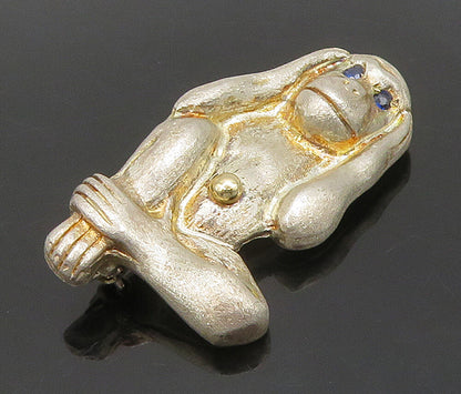 925 Silver  Vintage Modernist Kyanite Hear No Evil Monkey Brooch Pin  BP6275