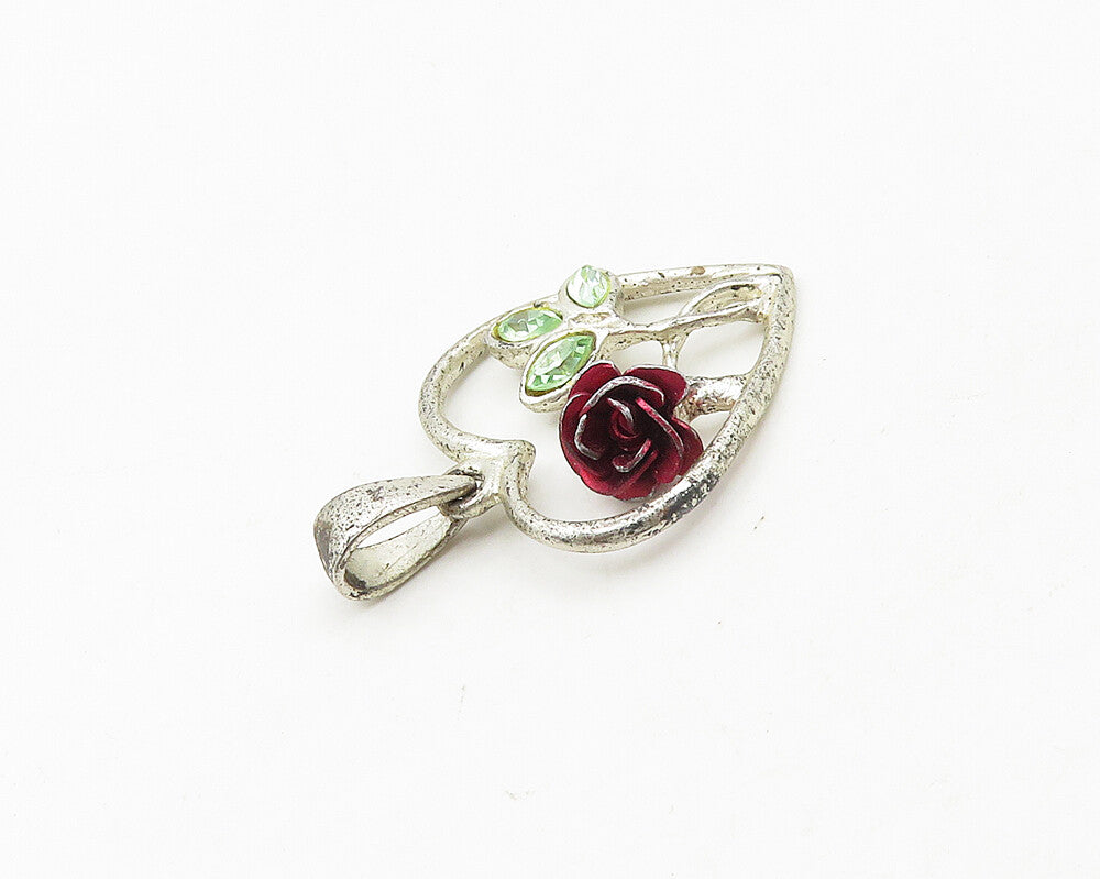 925 Sterling Silver  Vintage Green Topaz Floral Love Heart Pendant  PT14885