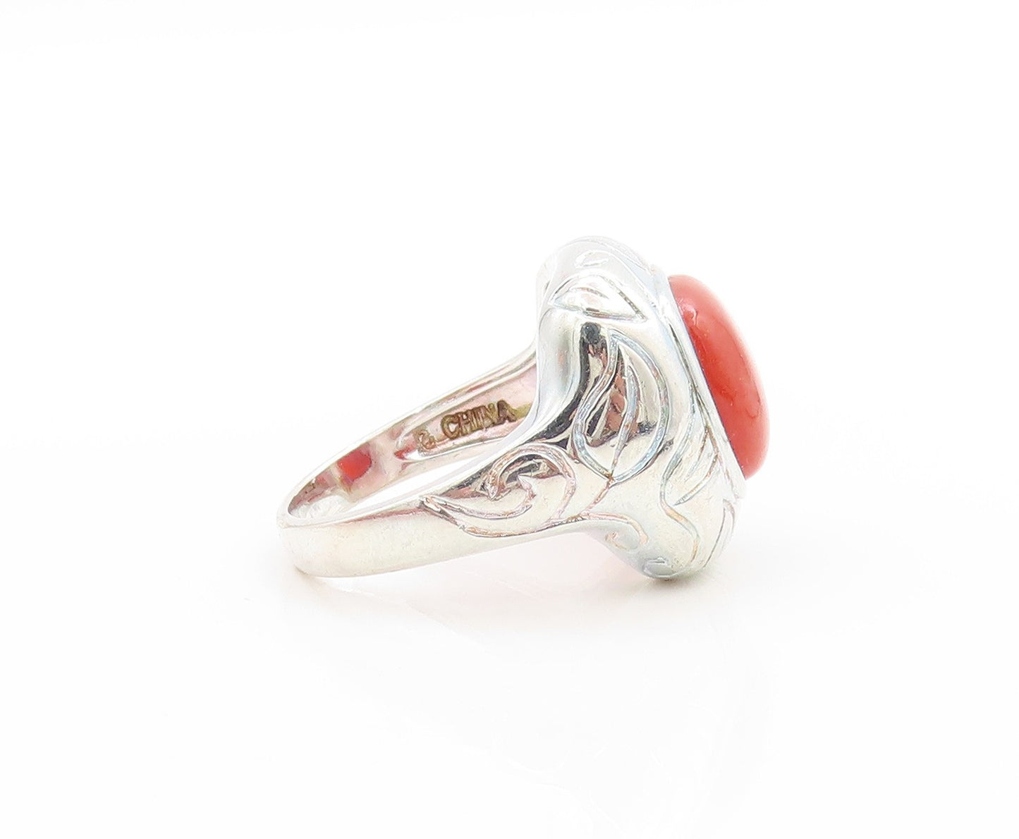 925 Sterling Silver Vintage Ring Carnelian Etched Floral Leaf Band Sz 7 RG33696