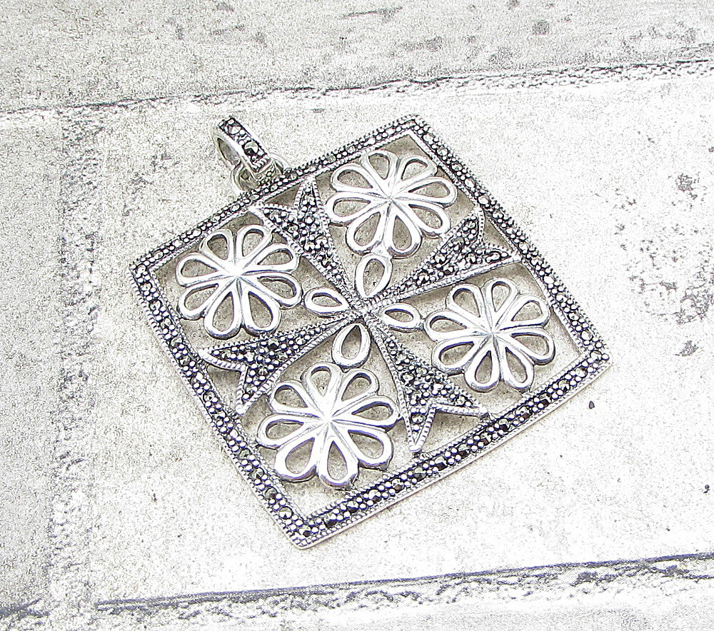 925 Sterling Silver  Marcasite Floral Art Picture Drop Pendant  PT1404