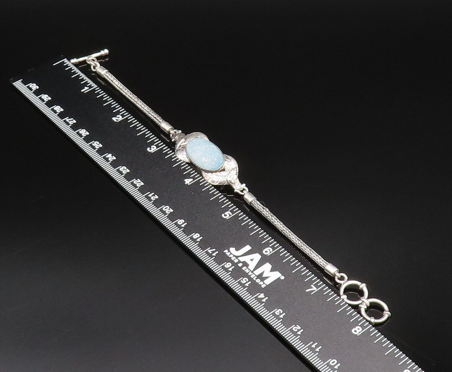 925 Silver  Vintage Blue Drusy Quartz & Etched Leaves Chain Bracelet  BT9674