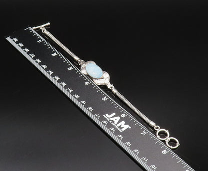 925 Silver  Vintage Blue Drusy Quartz & Etched Leaves Chain Bracelet  BT9674