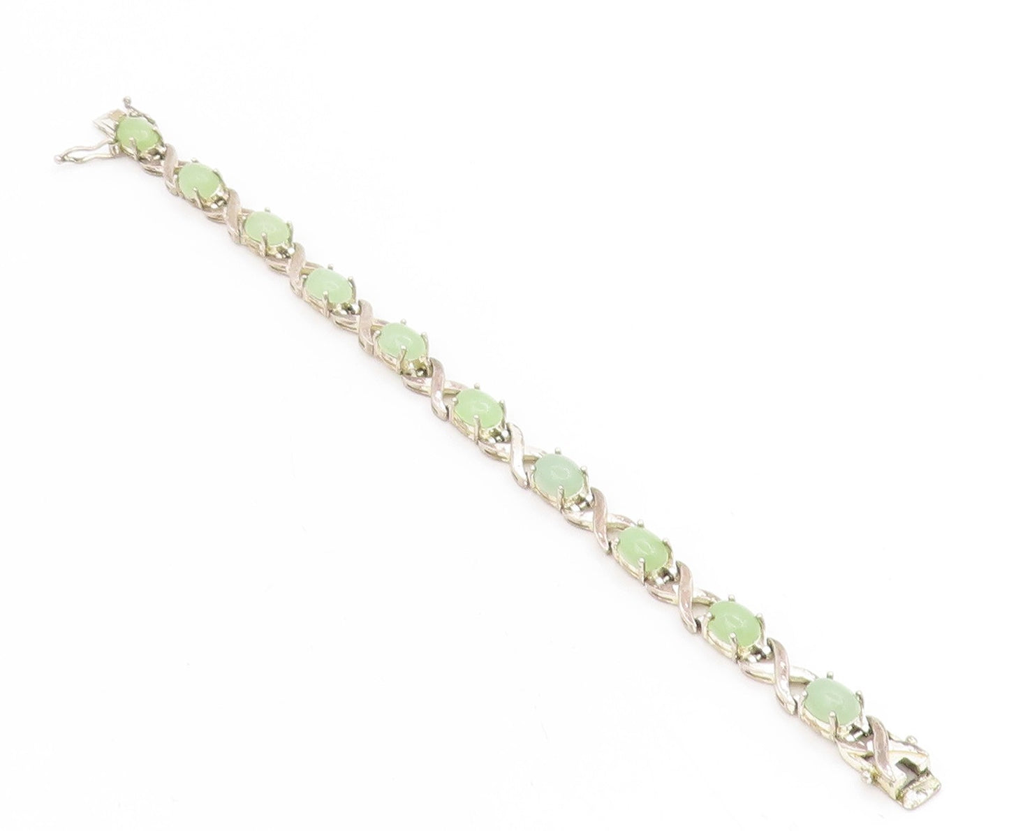 925 Sterling Silver Vintage Bracelet Oval Jade Elegant Crisscross Link  BT11744