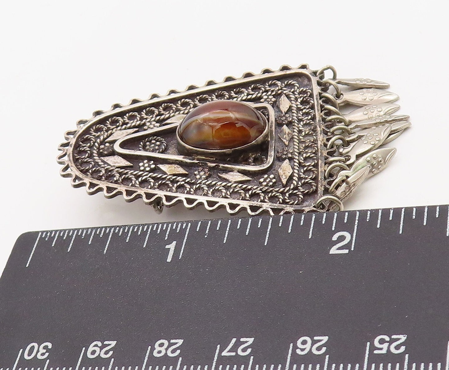 925 Sterling Silver Vintage Brooch Pin ISRAEL Dark Tone Tigers Eye   BP11219
