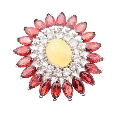 925 Sterling Silver Vintage Ring Fire Opal Garnet & Topaz Flower  Sz 7  RG30500