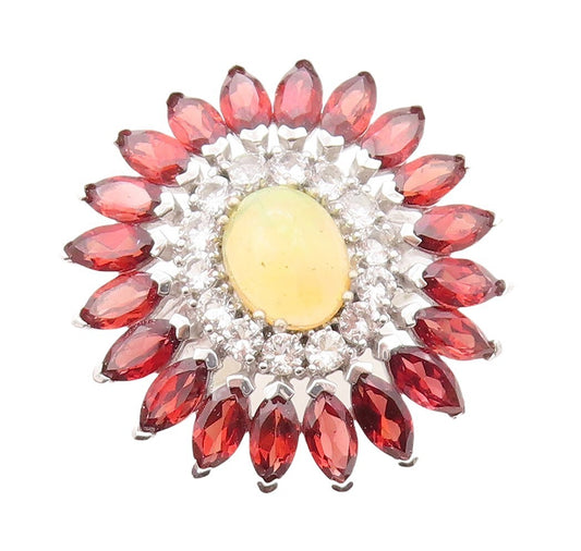 925 Sterling Silver Vintage Ring Fire Opal Garnet & Topaz Flower  Sz 7  RG30500
