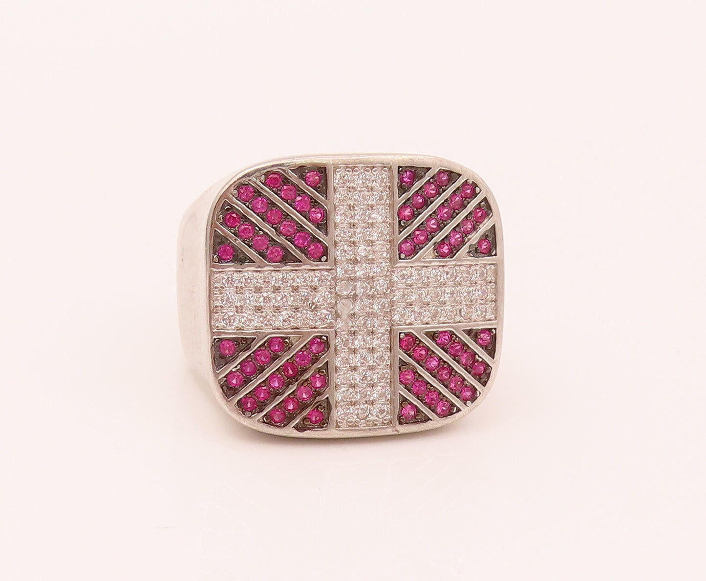 925 Sterling Silver  Vintage White & Red Lab Sapphire Cross Ring Sz 10 RG26565