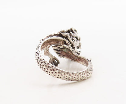 925 Sterling Silver Vintage Ring Dark Tone Carved Angry Dragon  Sz 9  RG31692