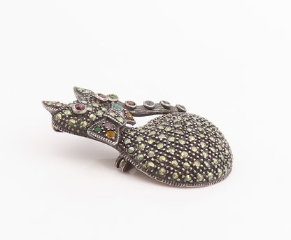 925 Sterling Silver Vintage Brooch Multi Gemstone Cat With Bowtie Pin  BP11999