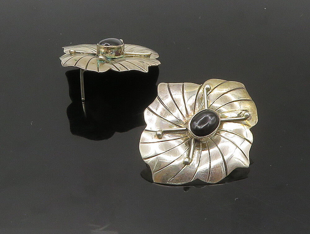 CAROL FELLEY 925 Silver  Vintage Black Onyx Flower Drop Earrings  EG11564
