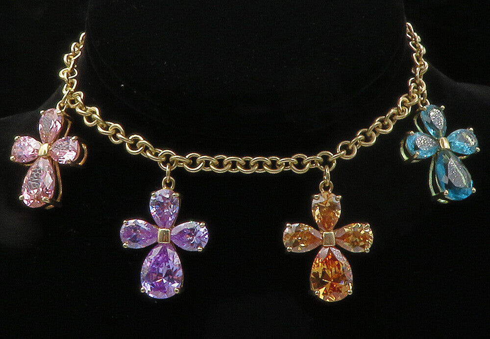 925 Sterling Silver  Cubic Zirconia & Topaz Gold Plated Chain Necklace  NE2355