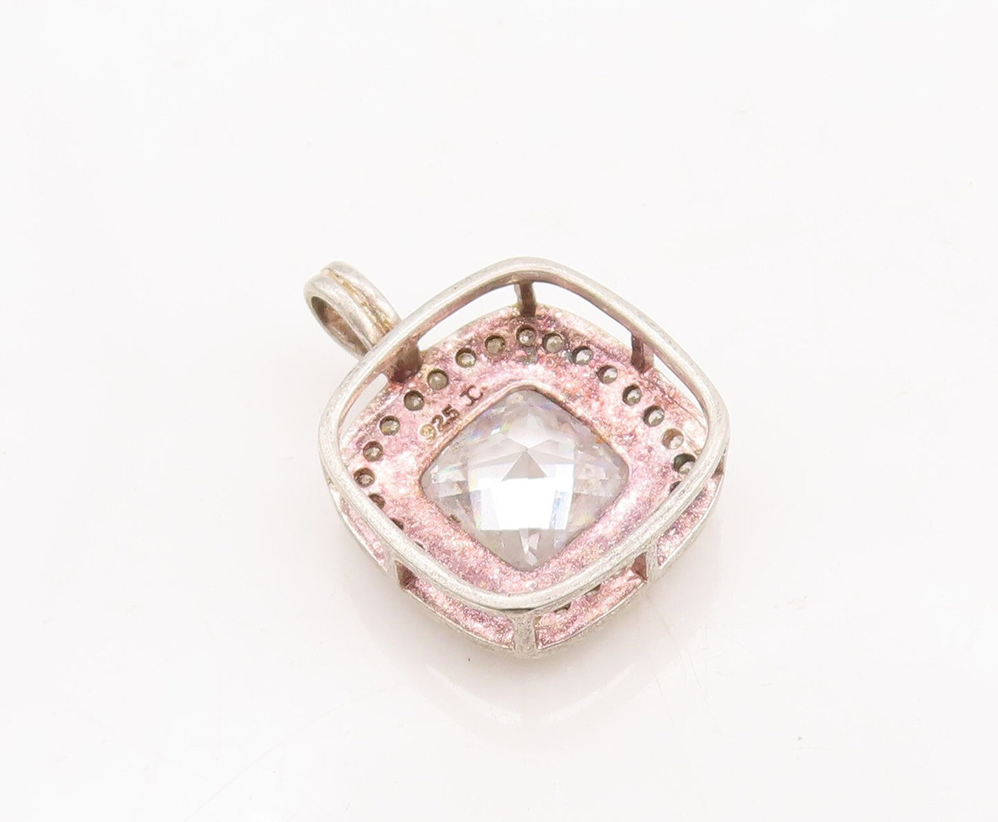 925 Sterling Silver Vintage Pendant Square Cut Halo Topaz Beaded Frame  PT23441