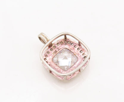 925 Sterling Silver Vintage Pendant Square Cut Halo Topaz Beaded Frame  PT23441