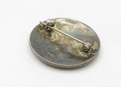 NAVAJO 925 Sterling Silver  Vintage Oxidized Pattern Round Brooch Pin  BP8430