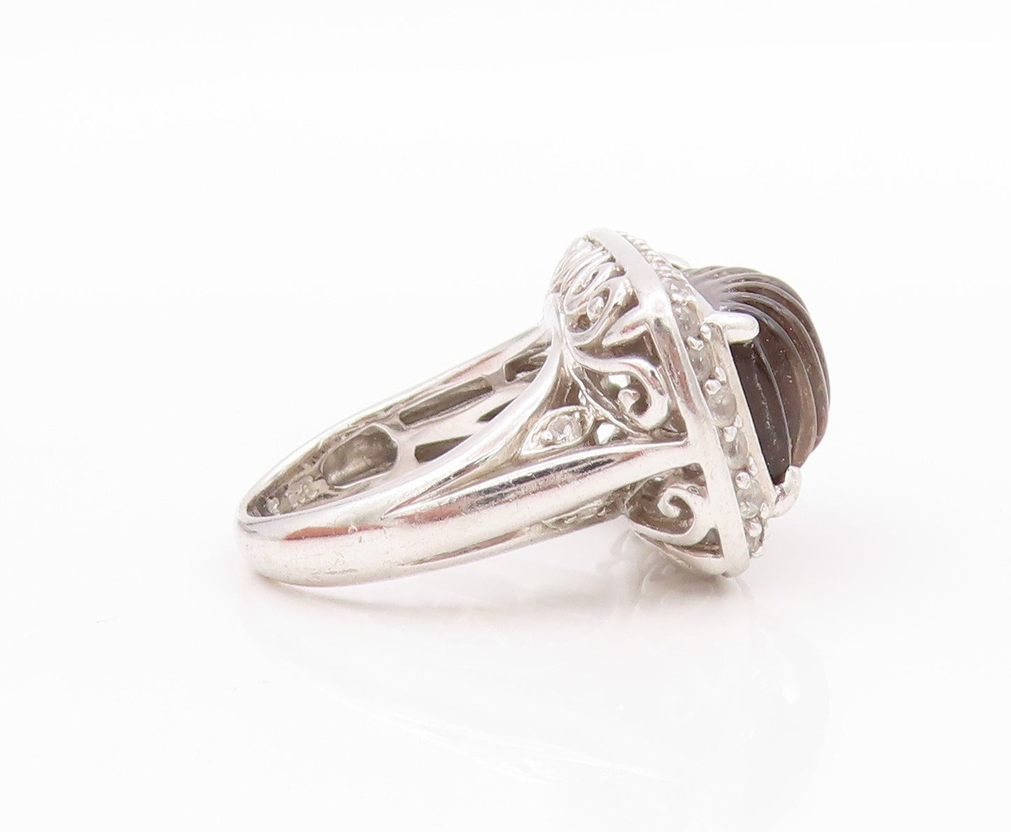 925 Sterling Silver Vintage Ring Modernist Grooved Gemstone  Sz 5  RG32501