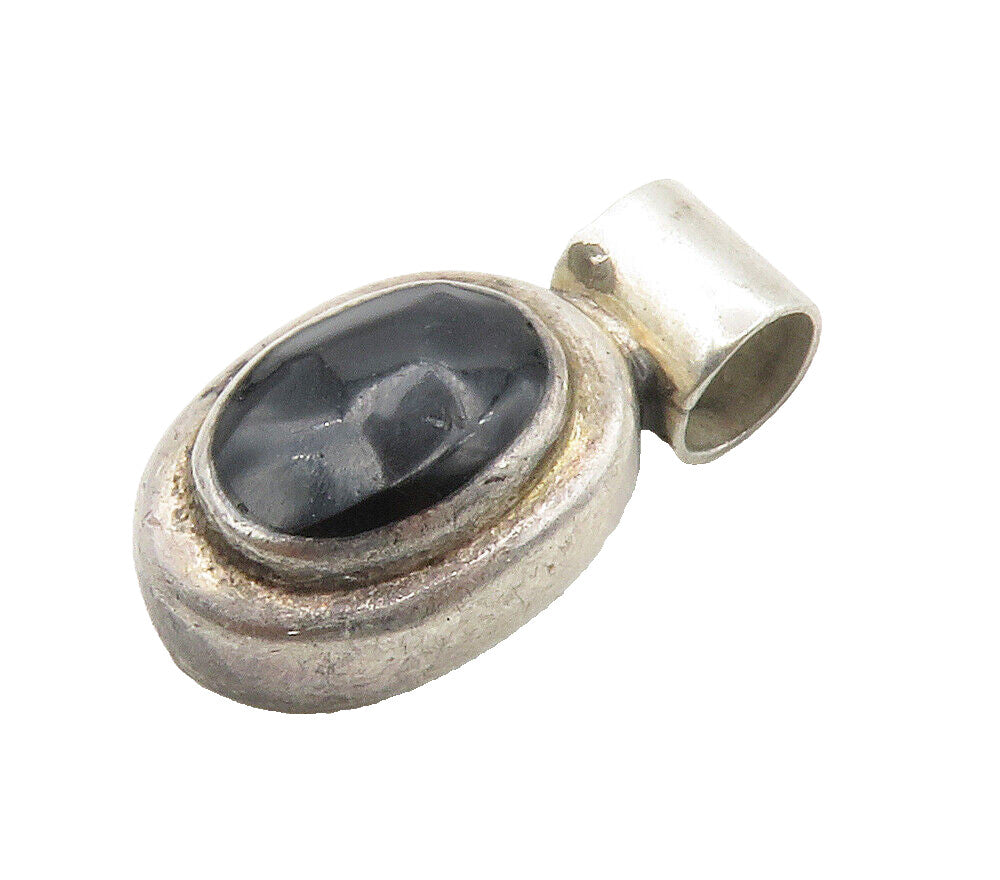 MEXICO 925 Sterling Silver  Vintage Black Onyx Hollow Oval Pendant  PT11746