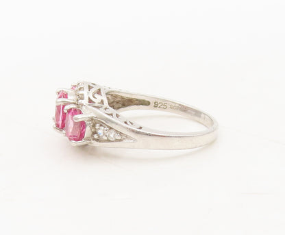 925 Silver Vintage Ring Carved Three Pinkesh Spinels Halo Topaz  Sz 7  RG27583