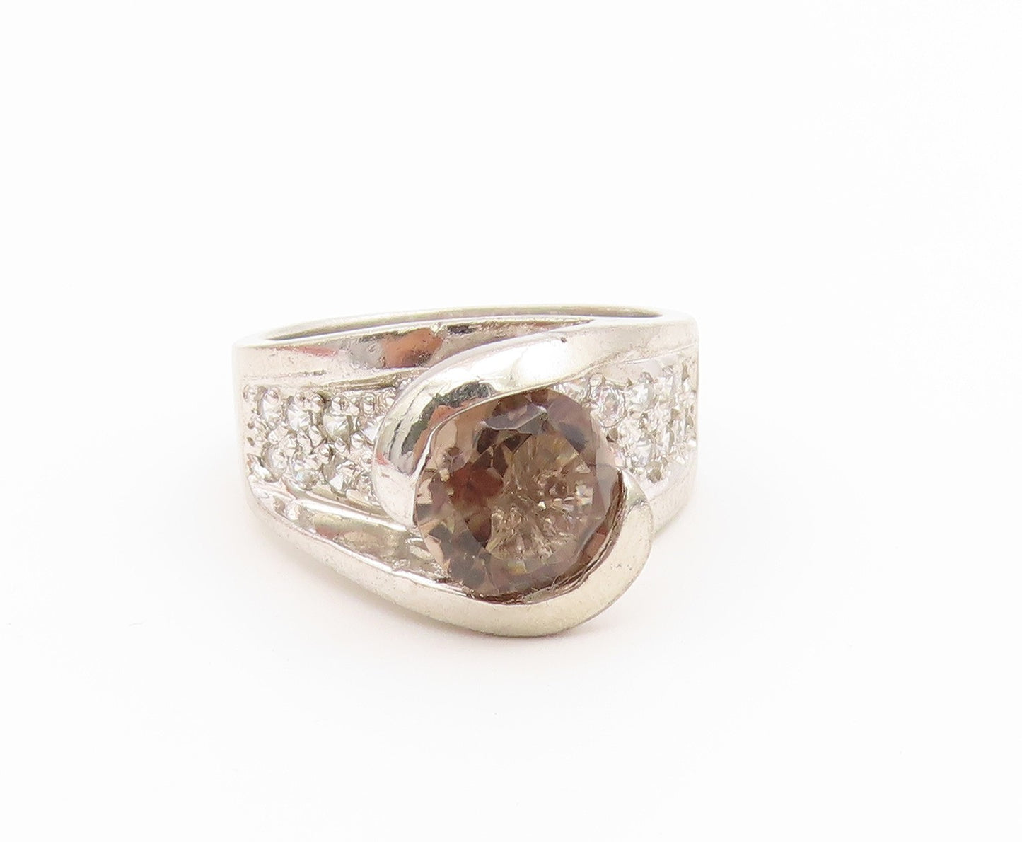 925 Sterling Silver Vintage Ring Classic Smoky Quartz & CZ Band  Sz 6  RG36913
