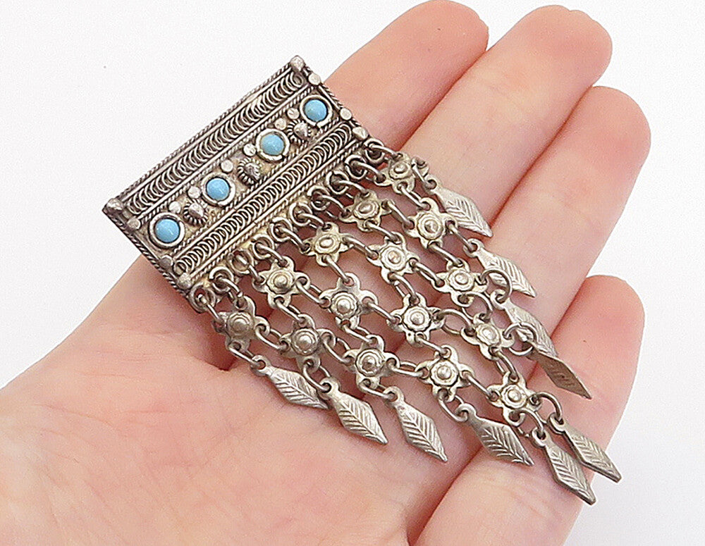 ISRAEL 925 Silver Vintage Petite Turquoise Dangling Leaves Brooch Pin BP2894