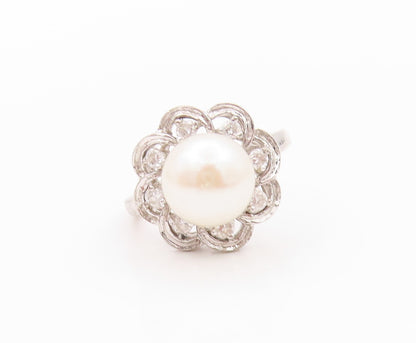 925 Sterling Silver Vintage Ring Pearl & CZ Cutout Flower  Sz 8  RG32643
