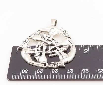 925 Sterling Silver Vintage Pendant Intertwined Triple Celtic Wolves  PT25615