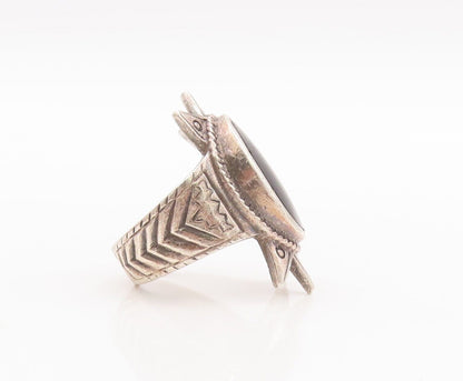 925 Sterling Silver Vintage Ring Solid Sun Carved Oval Onyx Inlay  Sz 6  RG28532