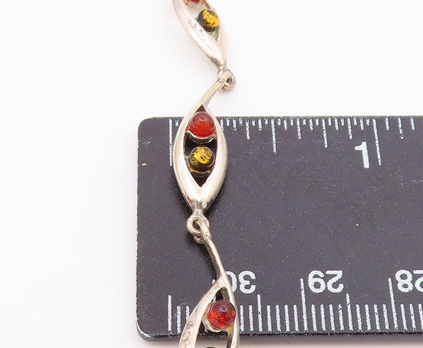 925 Sterling Silver  Vintage Petite Cabochon Cut Amber Chain Bracelet  BT8772