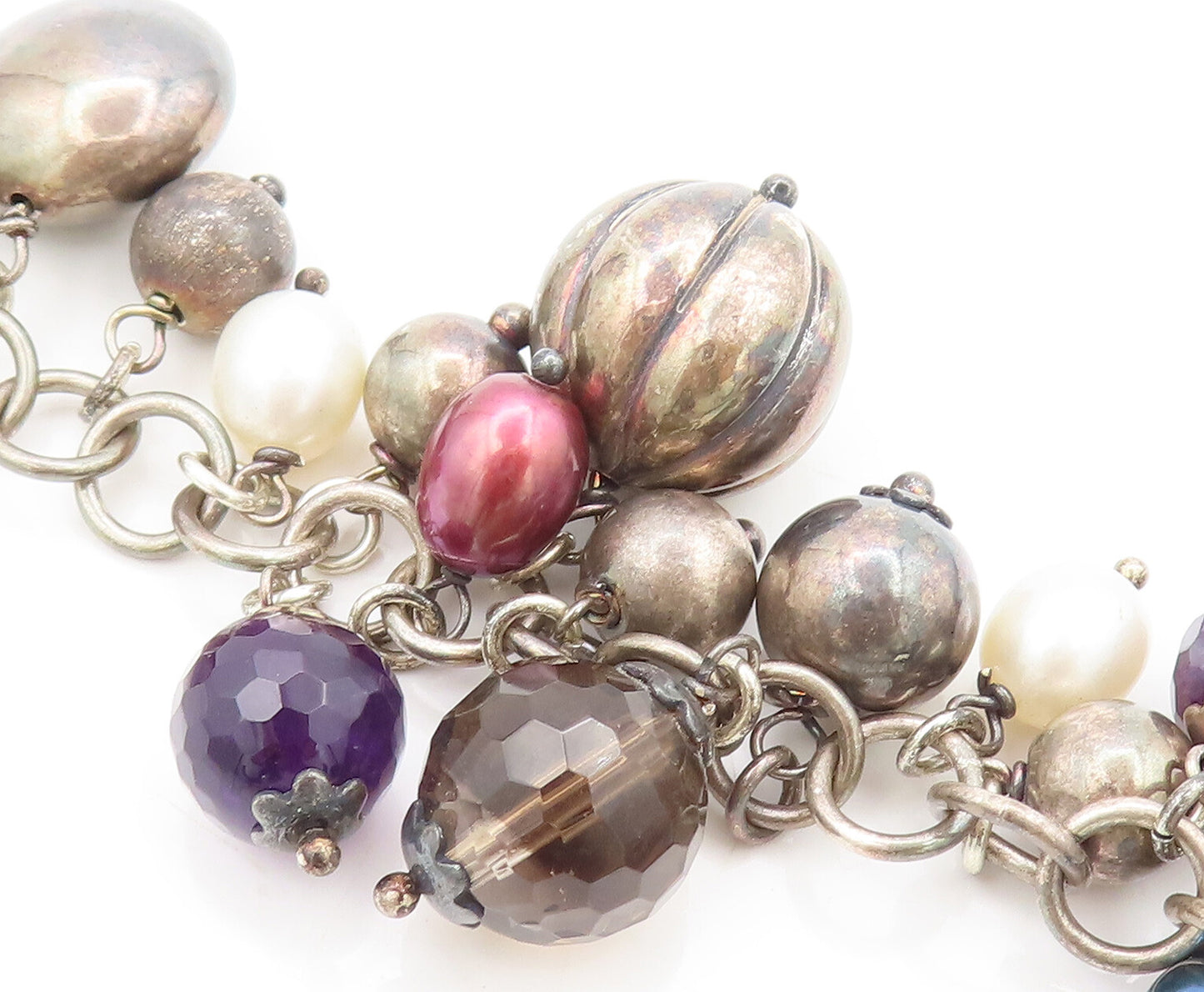 925 Sterling Silver Vintage Bracelet Sphere Cut Pearls Smokey Quartz  BT10255