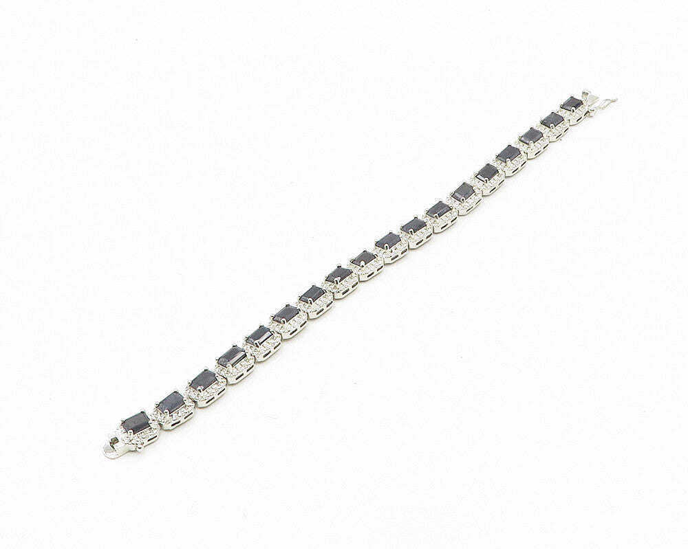 925 Sterling Silver  Shiny Prong Set Sapphire Hinge Chain Bracelet  BT7341