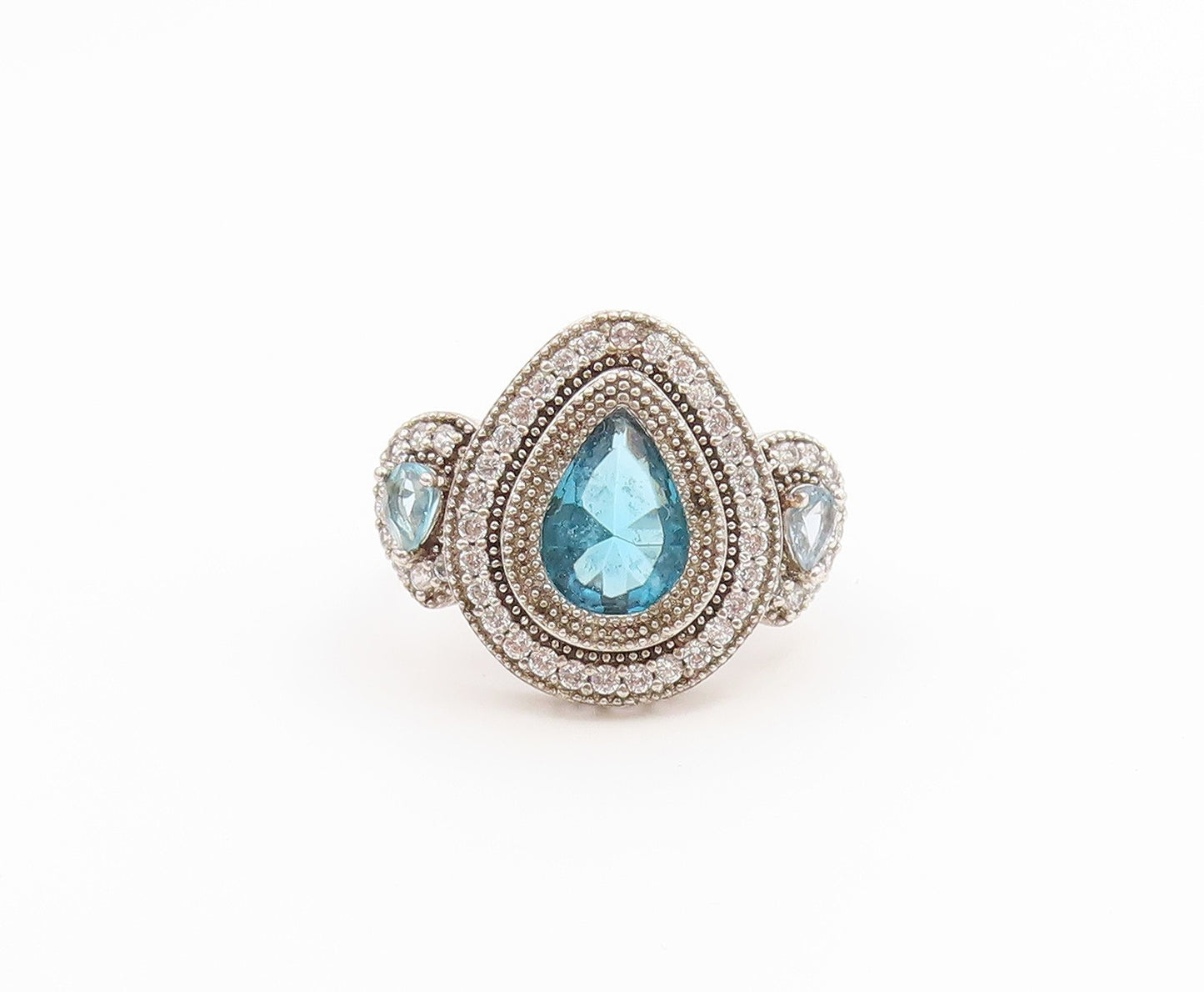 925 Sterling Silver Vintage Ring Blue Topaz Halo Statement Band  Sz 6.5  RG36809