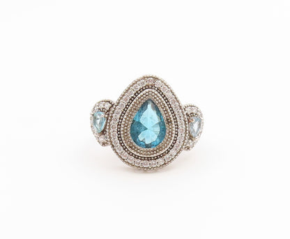 925 Sterling Silver Vintage Ring Blue Topaz Halo Statement Band  Sz 6.5  RG36809
