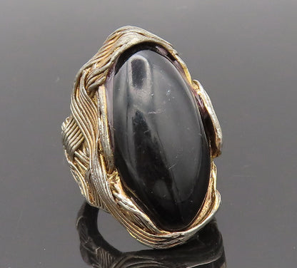 925 Silver Vintage Gold Plated Carved Swirly Lines Onyx Ring Sz 7.75  RG26824