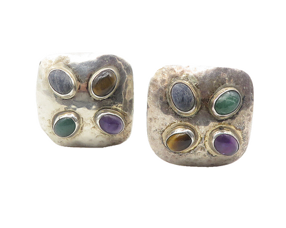 MEXICO 925 Silver  Vintage Tiger's Eye & Amethyst Non Pierce Earrings  EG6259