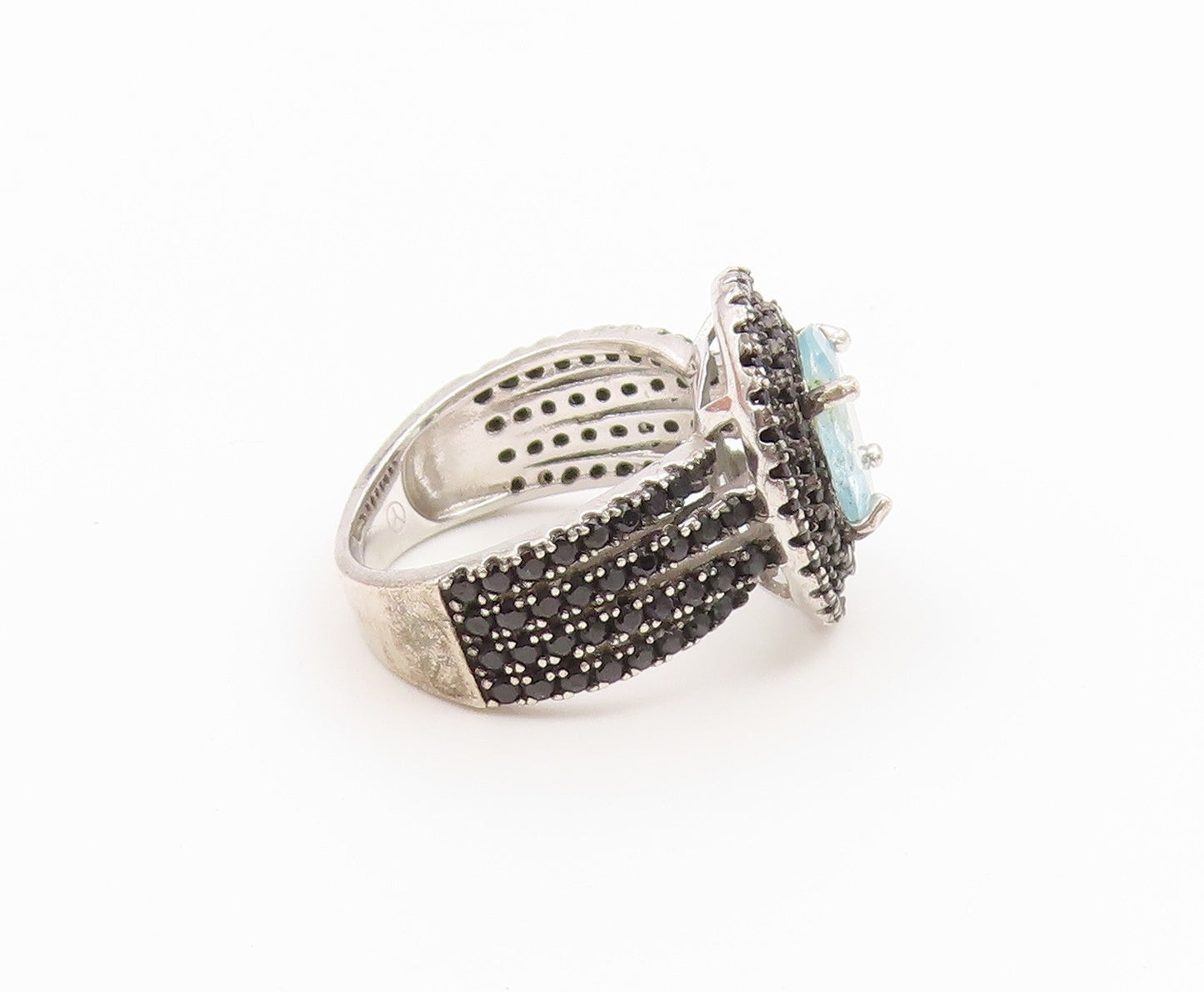 925 Sterling Silver Vintage Ring Aquamarine & Spinel Statement Band Sz 4 RG36911